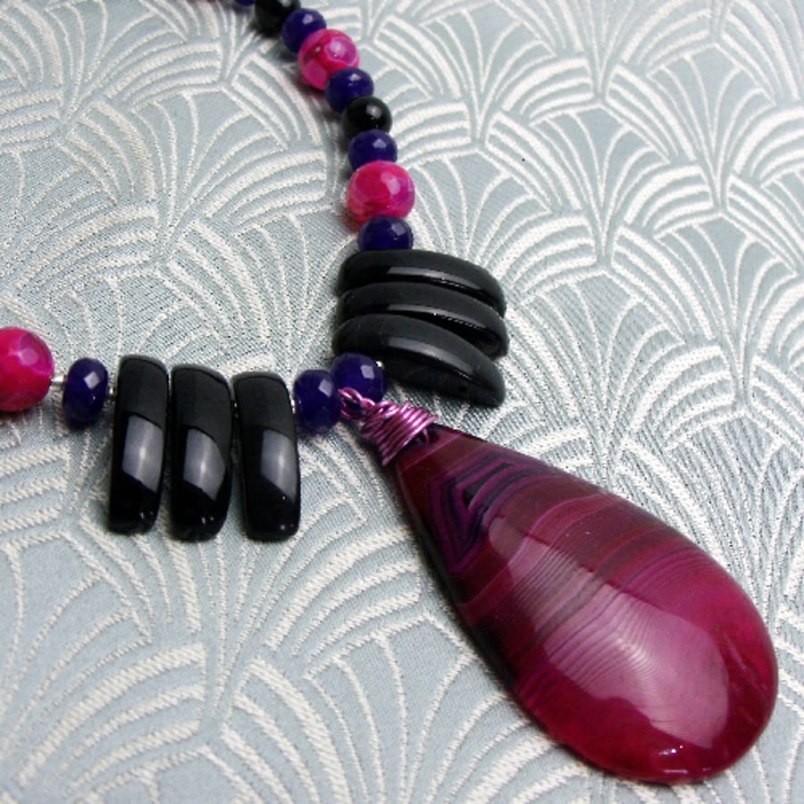 Black & Pink Necklace, Handcrafted Necklace, Semi-Precious Stone Necklace CC82