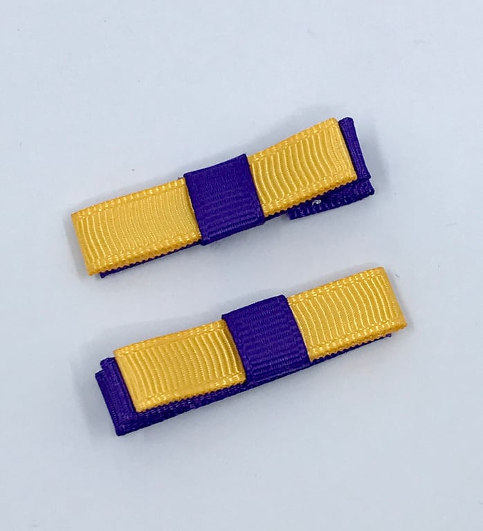 Small Straight Purple and Yellow Gold Bow Clips (pair)