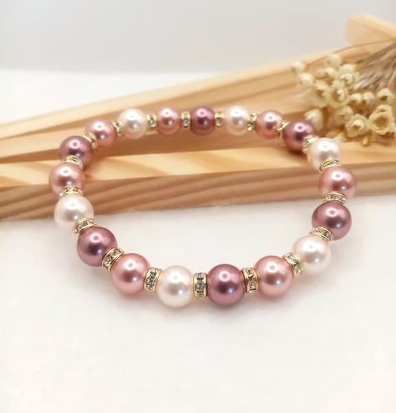 Pearl Bracelet - Pink Pearl Bracelet with Preciosa Crystal Diamante Rondelles