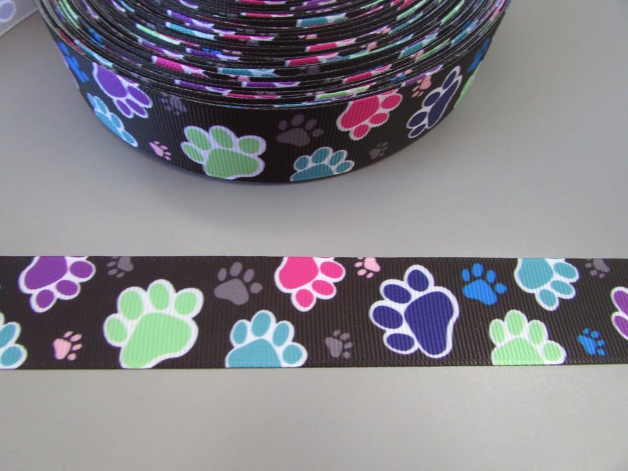 Multi Colour Paw Print 2.5cm Grosgrain Ribbon x 1 metre for cake decoration dog 