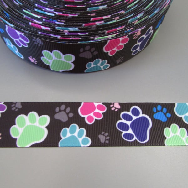 Multi Colour Paw Print 2.5cm Grosgrain Ribbon x 1 metre for cake decoration dog 