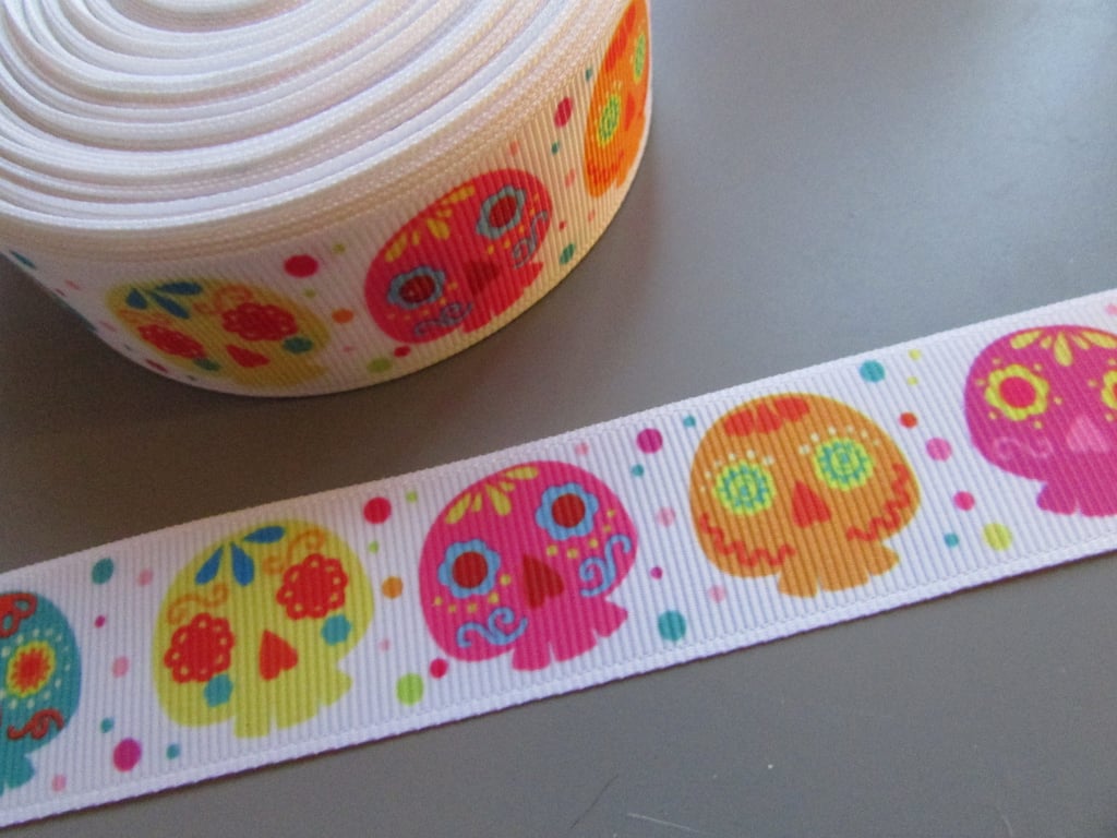White Gothic Sugar Skull Grosgrain Ribbon 2.5cm x 1 Metre