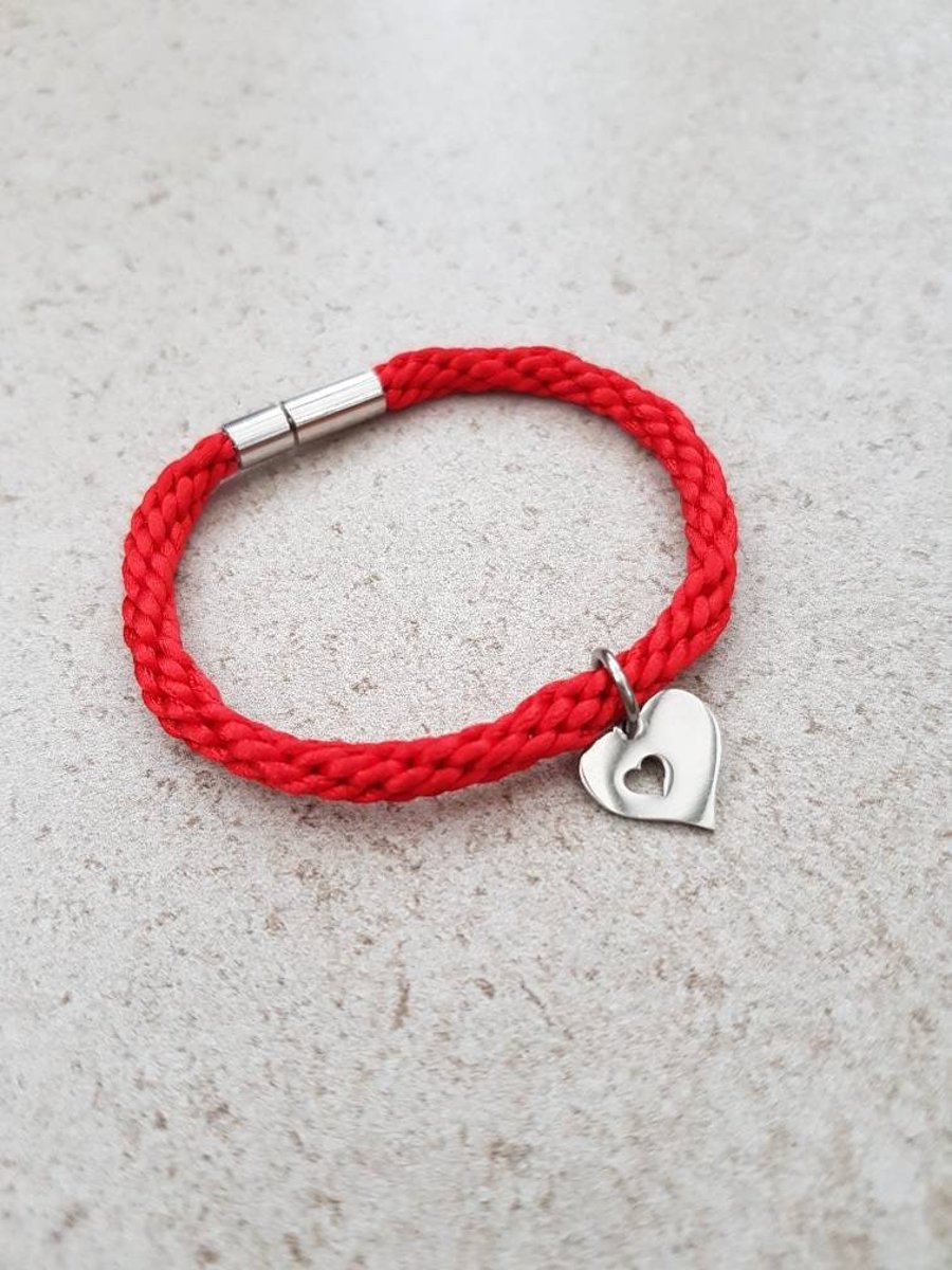 Heart bracelet, Red cord charm bracelet, Minimalist jewelry, Girlfriend gift
