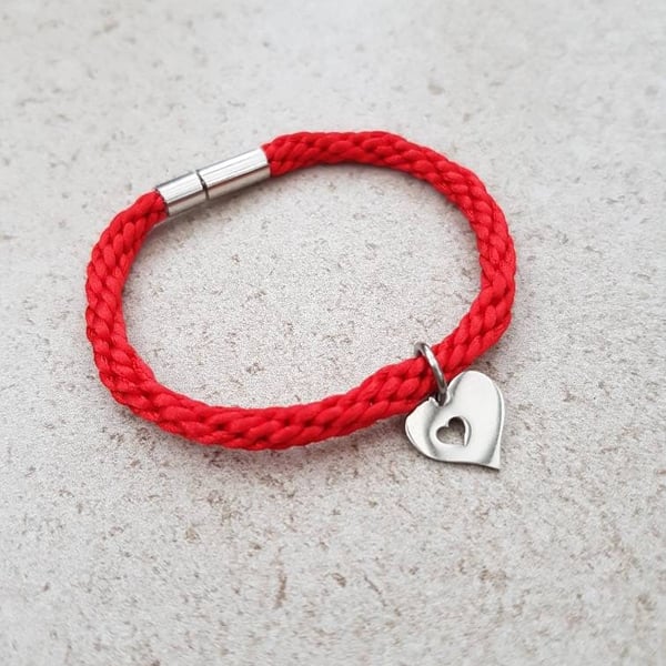 Heart bracelet, Red cord charm bracelet, Minimalist jewelry, Girlfriend gift