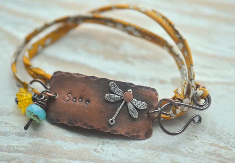Wrap Bracelet with copper Soar handstamped bar and Liberty fabric ribbon