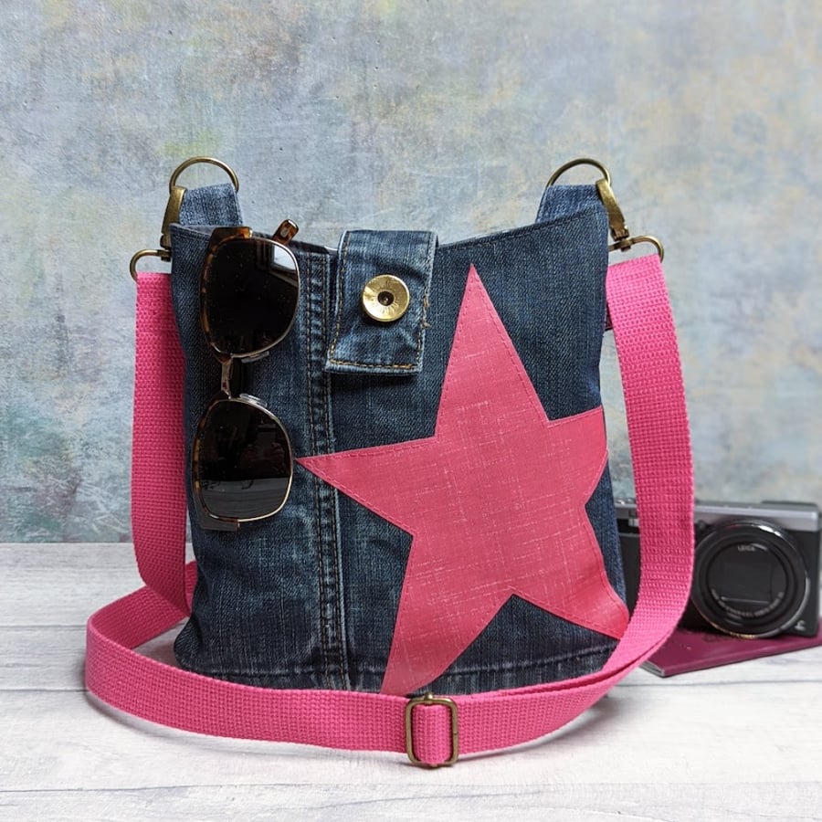 Upcycled Denim Mini Cross Body Bag with Star Motif