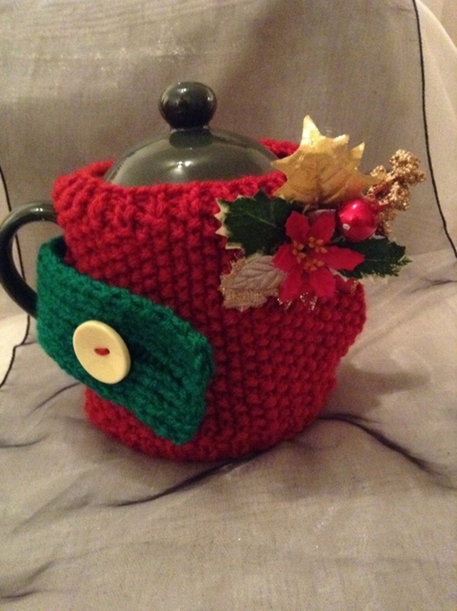 Festive knitted small teapot cosy