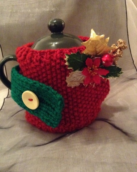 Festive knitted small teapot cosy