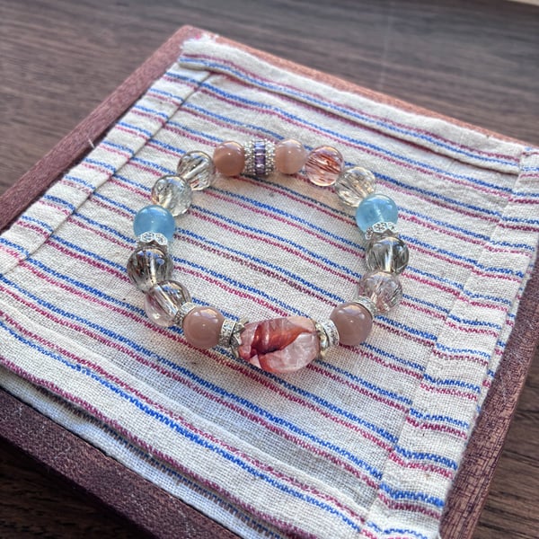 Black Gold Super Seven, Aquamarine & Peach Moonstone Bracelet
