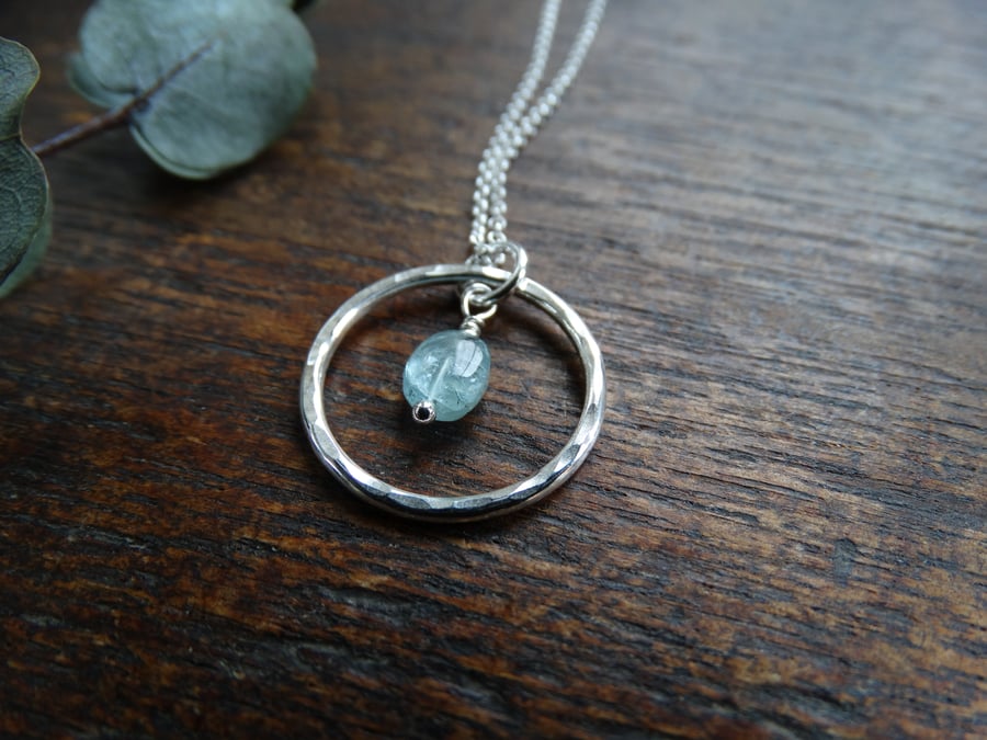 Silver hoop pendant with aquamarine - recycled silver - March birthstone