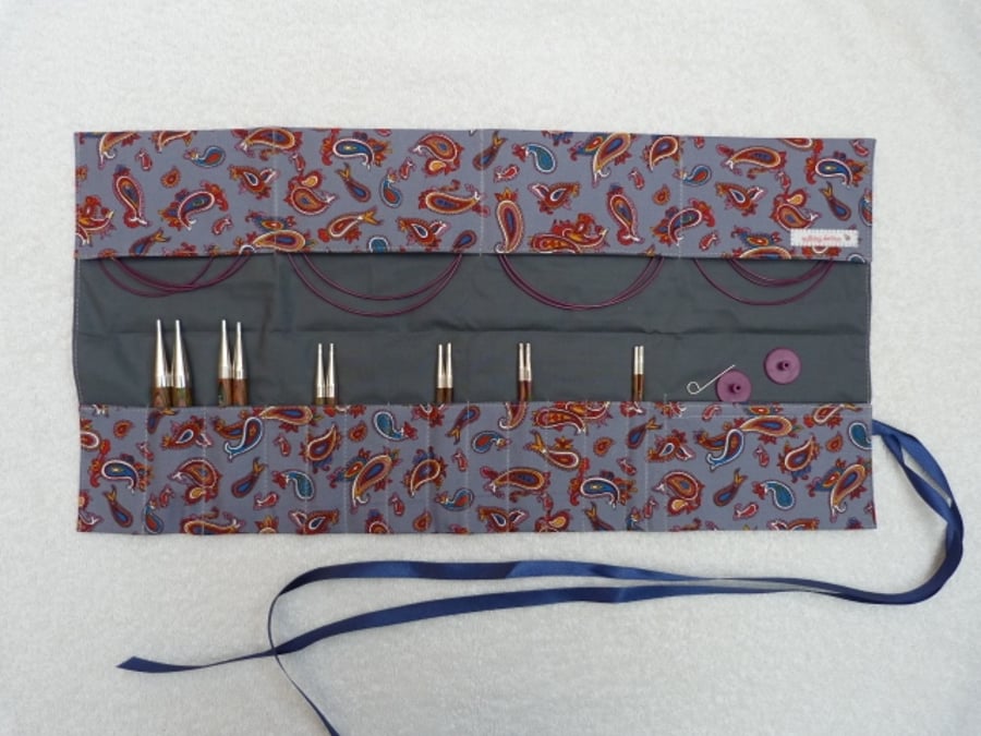 Interchangeable Knitting Needle Organiser in Grey Paisley  Print Cotton