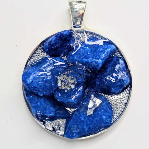 Large Round Pendant With Blue Rocks and Glitter