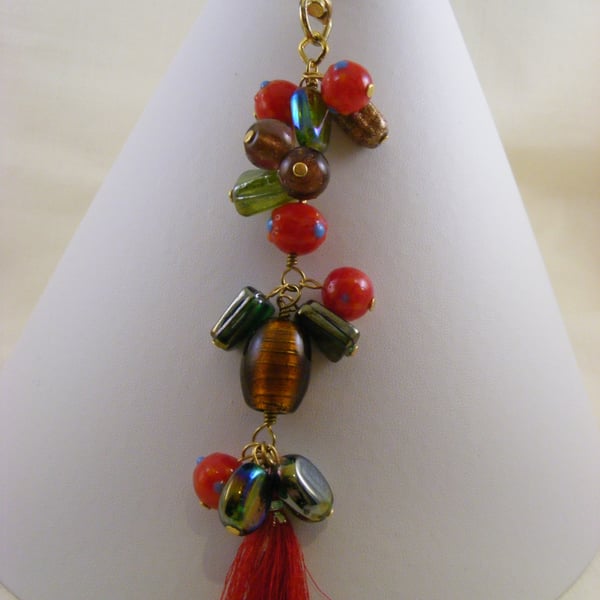 Red, Brown and Green Tassel Bag Charm