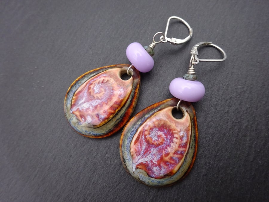 sterling silver lever back earrings, lilac lampwork glass and ceramic jewellery