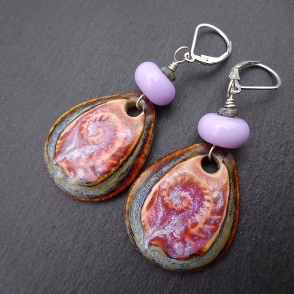 sterling silver lever back earrings, lilac lampwork glass and ceramic jewellery
