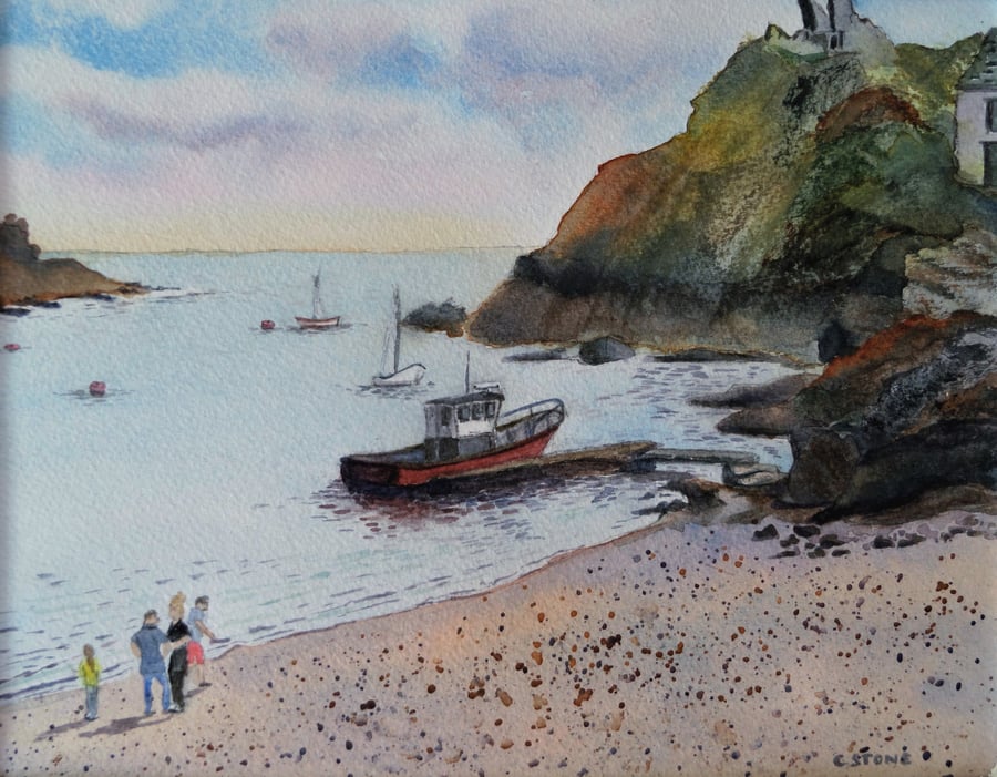 Original watercolour, boat waiting on landing stage at Polperro beach, Cornwall