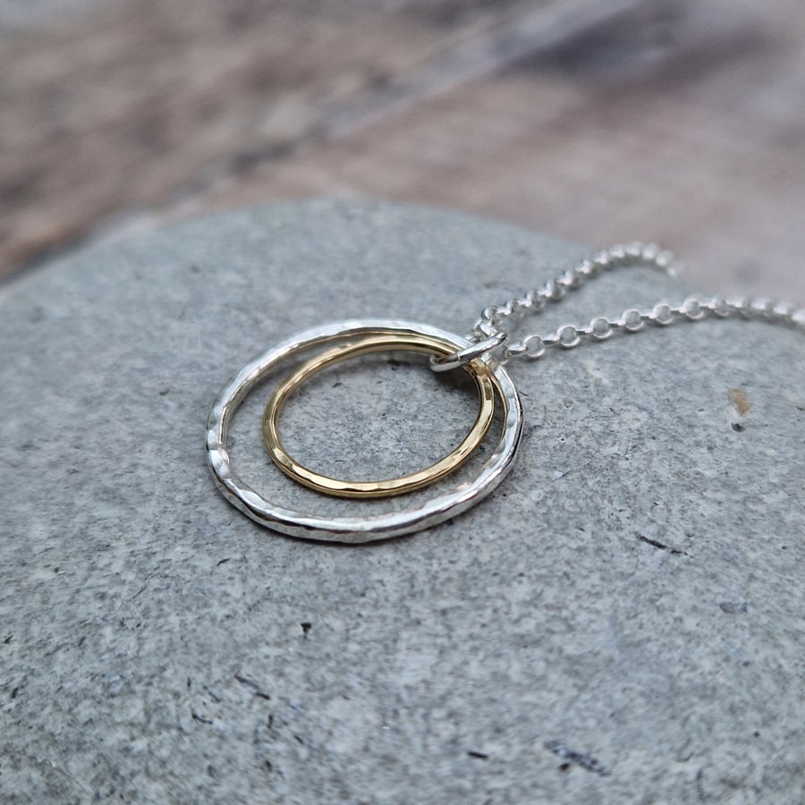 Sterling Silver and Gold 2 Circle Hammered Necklace Pendant