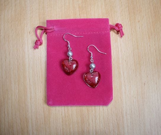 Red heart earrings with glass bead