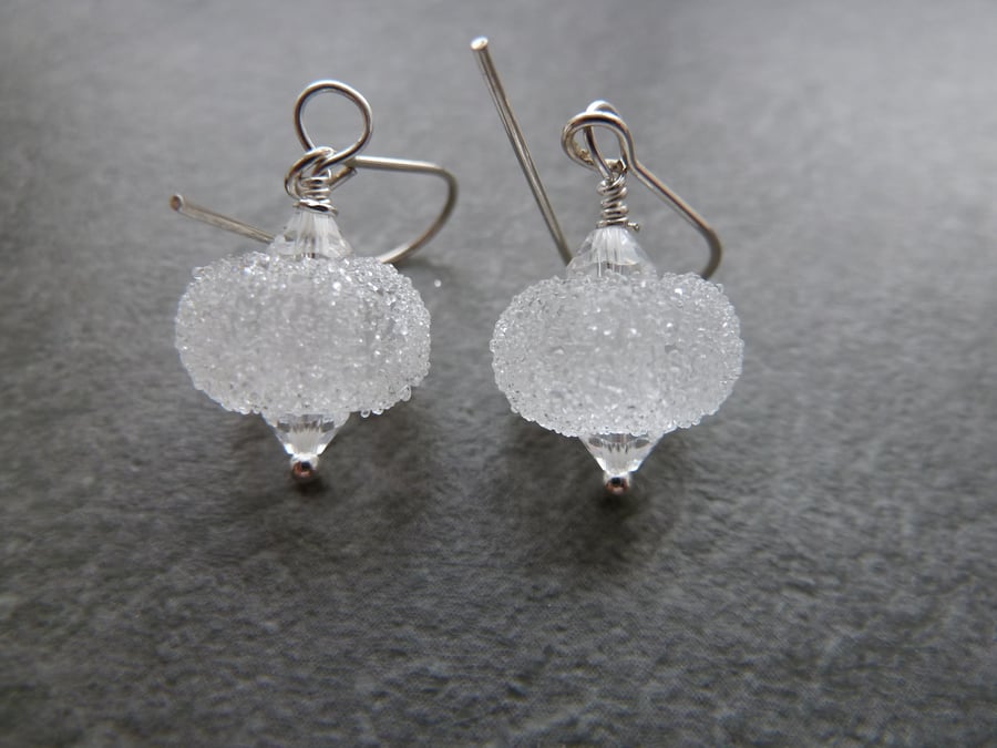 sterling silver earrings, ice lampwork glass