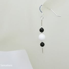 Black Onyx & Snow White Jade Sterling Silver Handmade Slim Drop Earrings