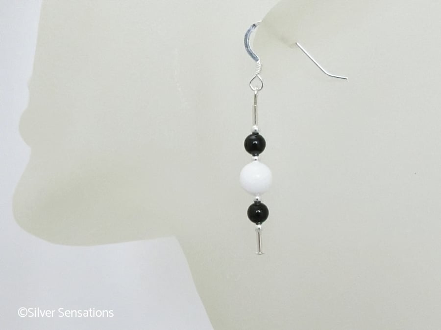 Black Onyx & Snow White Jade Sterling Silver Slim Drop Earrings