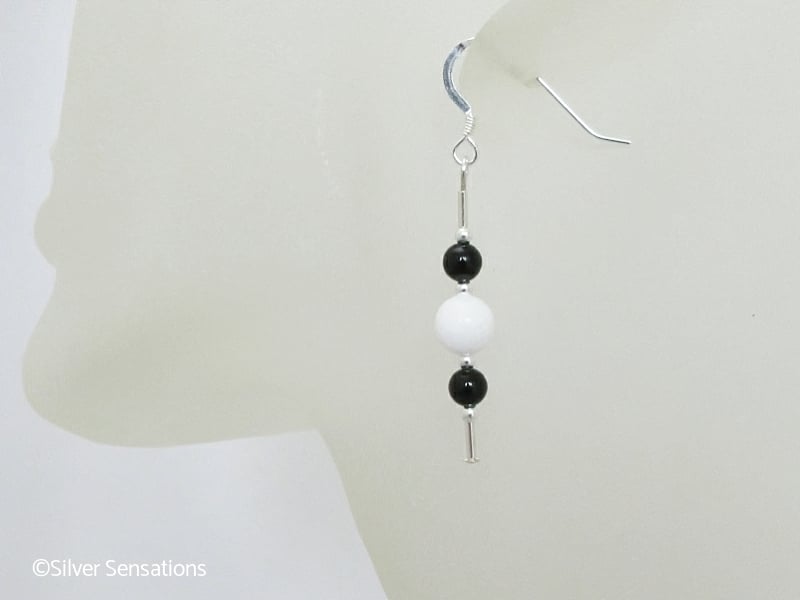 Black Onyx & Snow White Jade Sterling Silver Slim Drop Earrings
