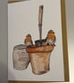 Robins on Pots A5 Greeting Cards 