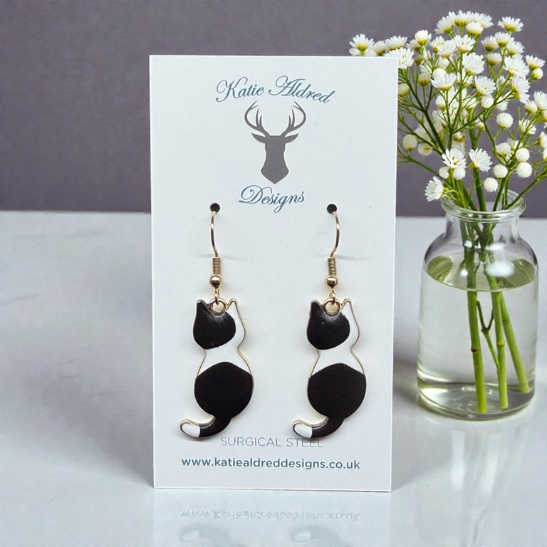 Charm Earrings - Black & White Cat 