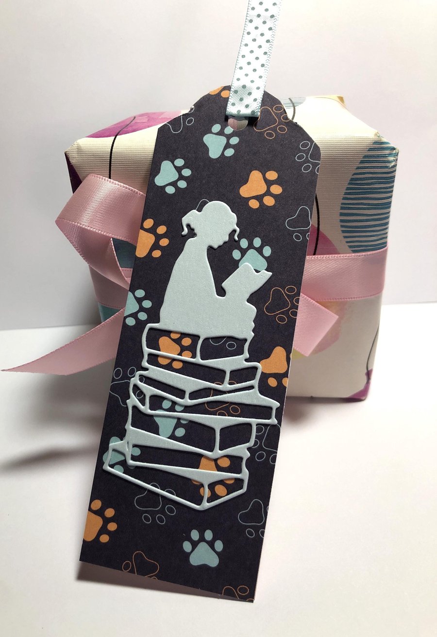 Handmade Dog Bookmark: Navy Blue Pawprints with Polka Dot Ribbon