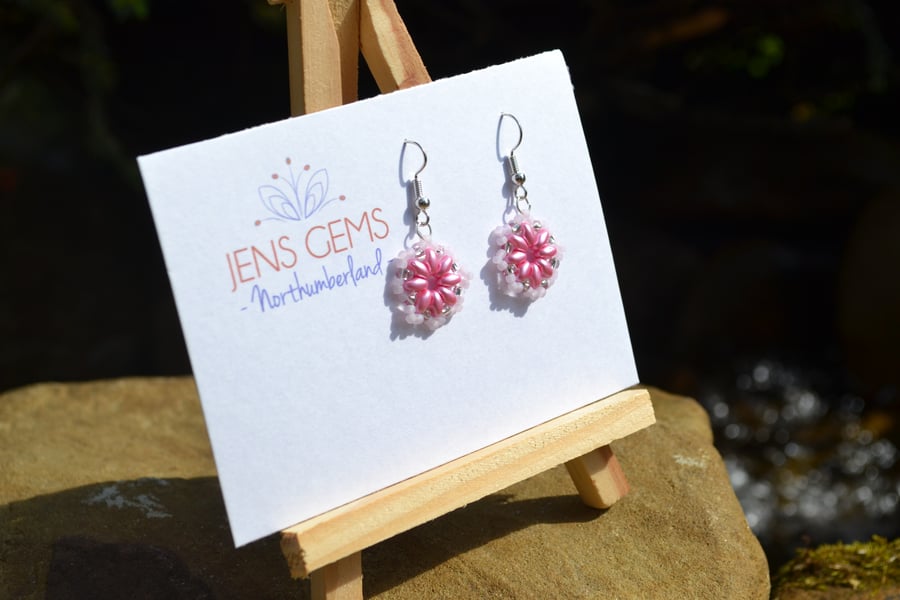 Light Pink and Silver Floral Beadwork Earrings