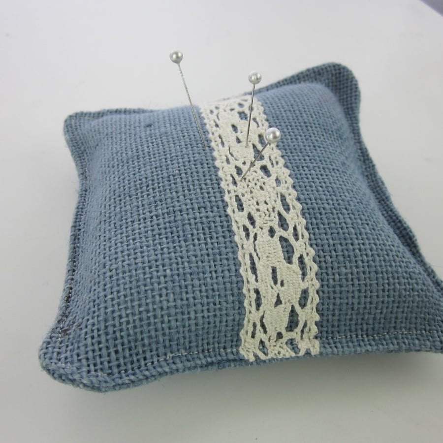 Large Blue Handmade Hessian Pincushion