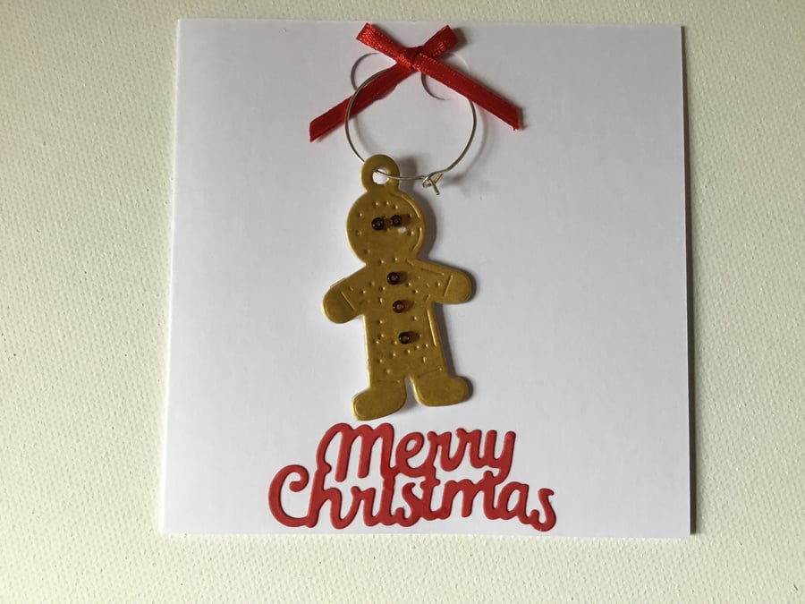 Gingerbread man glass charm Christmas card. CC584