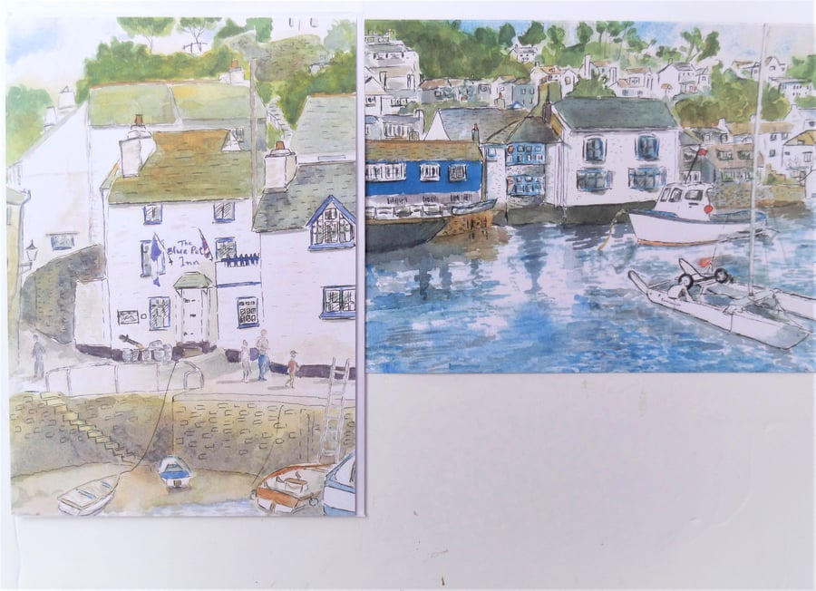 Polperro Collection two greetings cards Polperro Harbour and Blue Peter pub A5