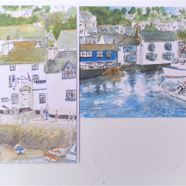 Polperro Collection two greetings cards Polperro Harbour and Blue Peter pub A5