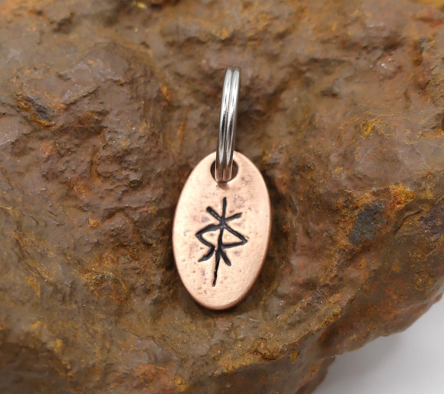 Recycled Oval Copper Protection Bindrune Split Keyring Charm, Bag Charm.
