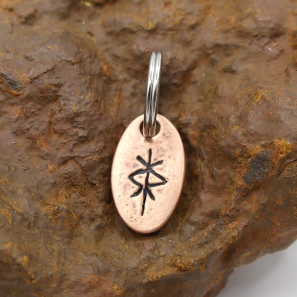 Recycled Oval Copper Protection Bindrune Split Keyring Charm, Bag Charm.