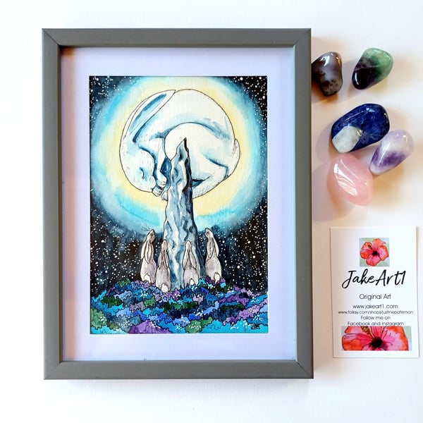 Moongazing hares framed original illustration 
