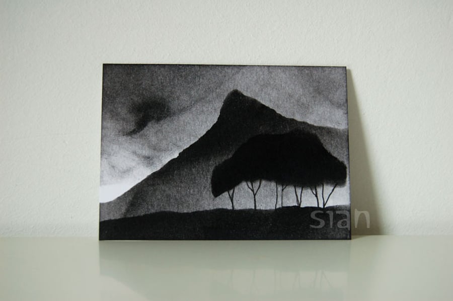 Mountain landscape with trees (monochrome) - Original ACEO