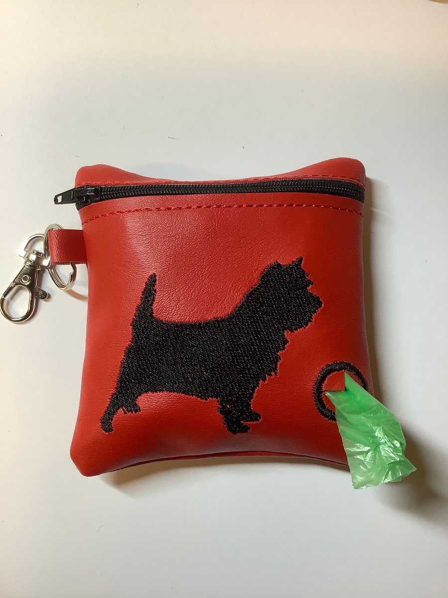 Attractive Cairn Terrier Embroidered red  faux leather dog poo bag dispenser,