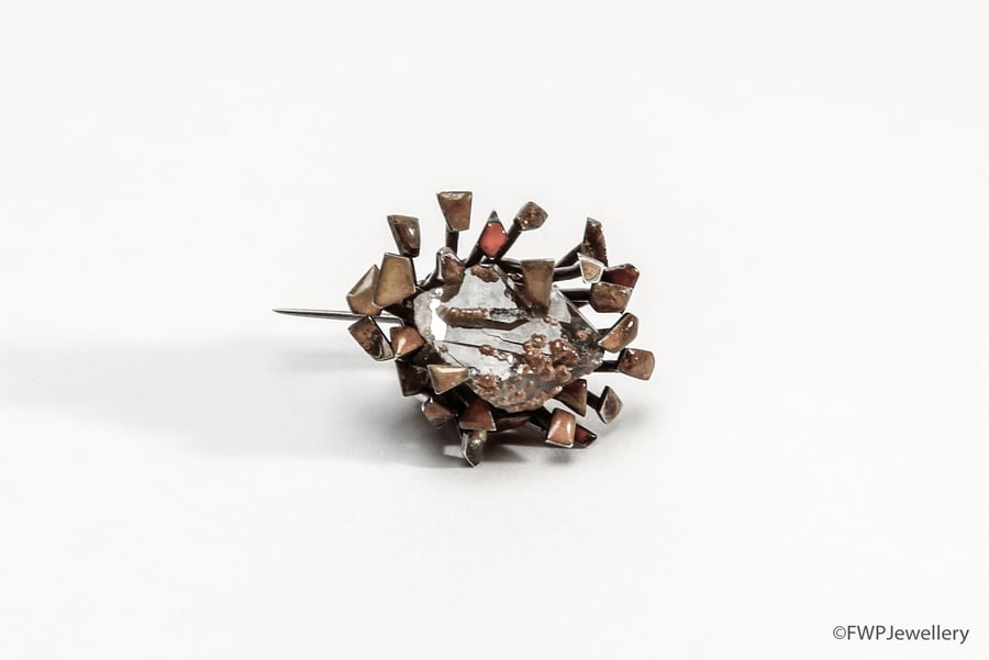 Quartz Brooch with Enamelled Flowers