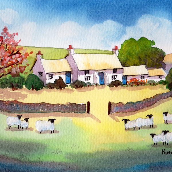Watercolour Print,  Welsh Cottage, Cherry Blossom, Sheep,  In 14 x 11 '' Mount