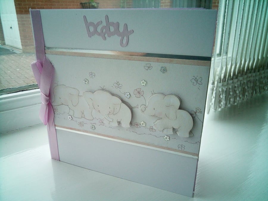 Cute elephant decoupage personalised new baby card