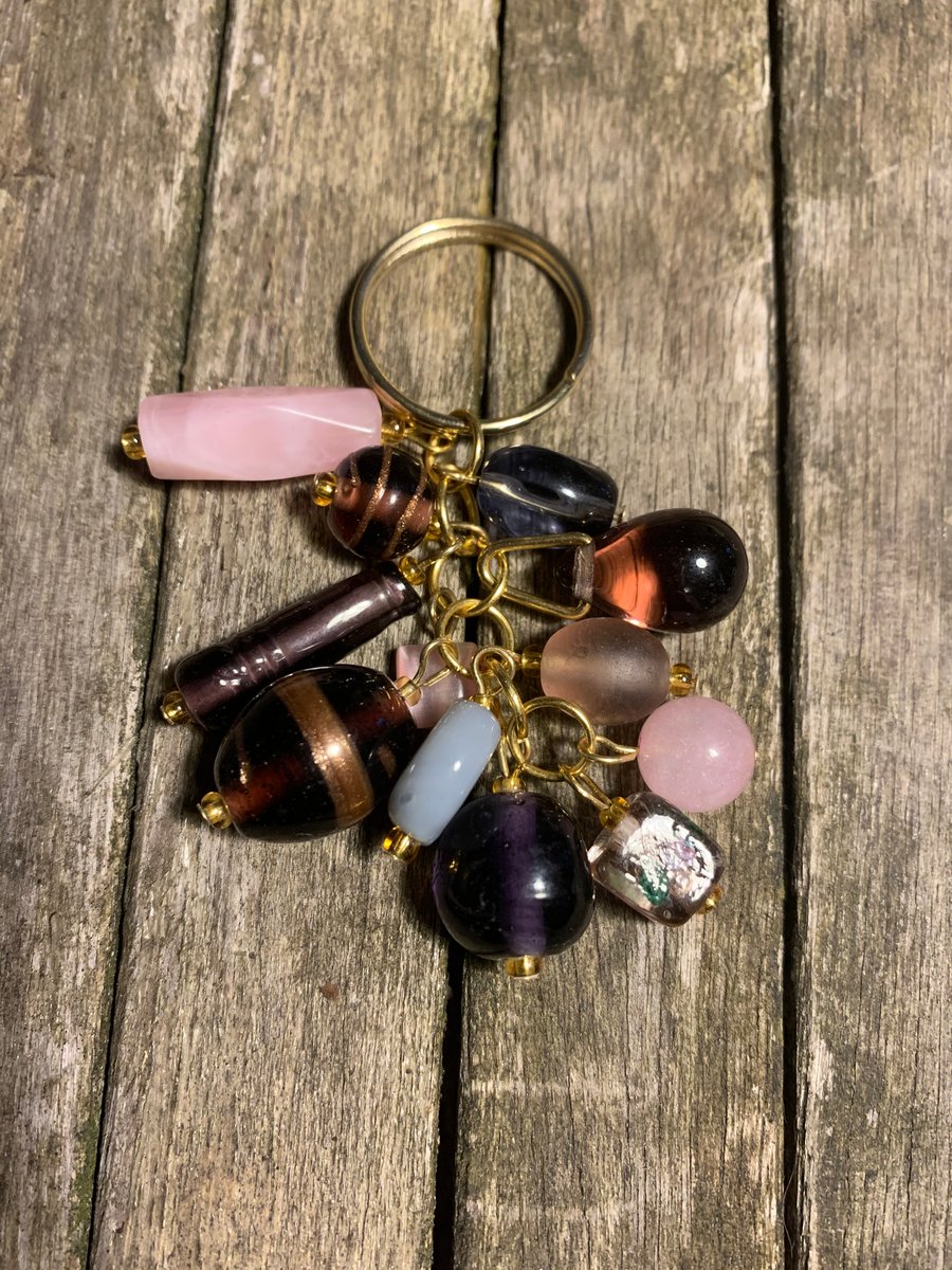 Pink and purple glass bead gold plated keyring