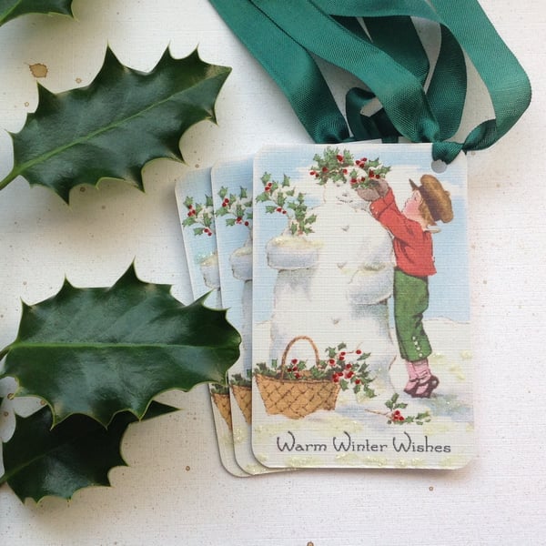GIFT TAGS , Christmas, Winter ( set of 3) Vintage-style  . Snowman. Holly.