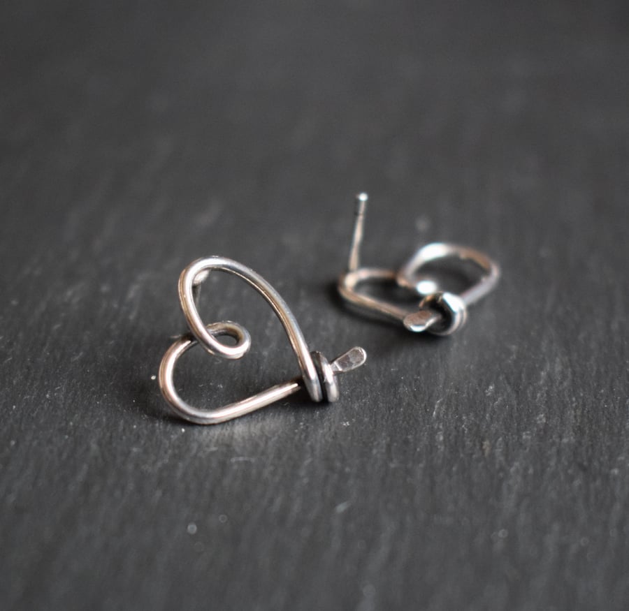 Heart Studs in Sterling Silver - 'AMORE' Silver Wire Earrings