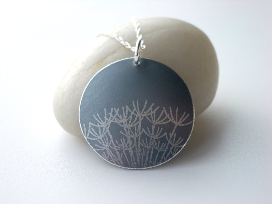 Silver grey dandelion seed disc pendant necklace 