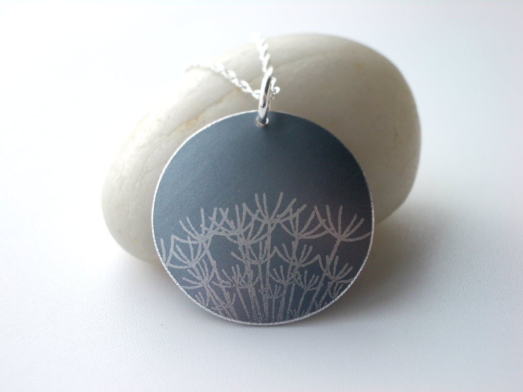Silver grey dandelion seed disc pendant necklace 
