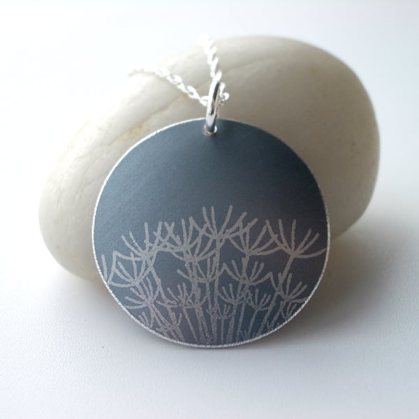 Silver grey dandelion seed disc pendant necklace 