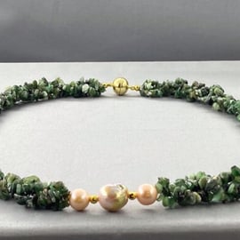Emerald & Nucleated Freshwater Pearl Twisted Rope Effect Necklace 