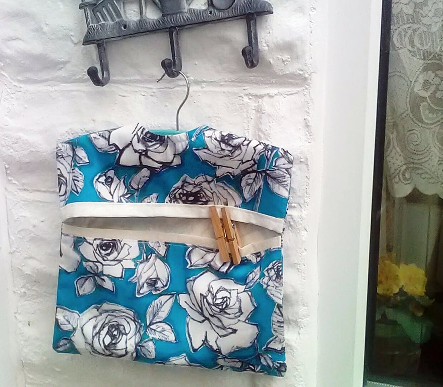 Peg Bag Lined Blue Roses Cotton Laundry Bag, includes Wood Hanger
